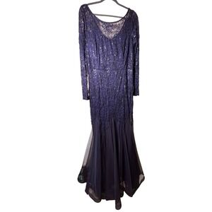 NWT Navy Blue Lace Sequin Mermaid Maxi Formal Evening Gown Long Sleeve XL 12